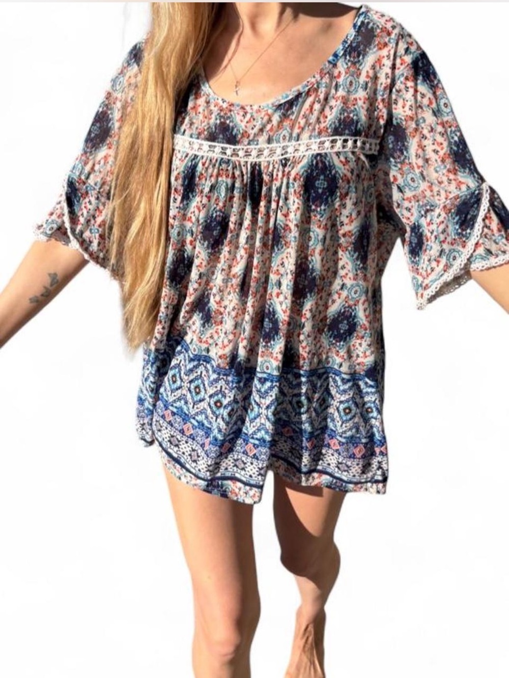 Sheer coastal grandma shabby chic bohemian style relaxed fit blouse tulip sleeve